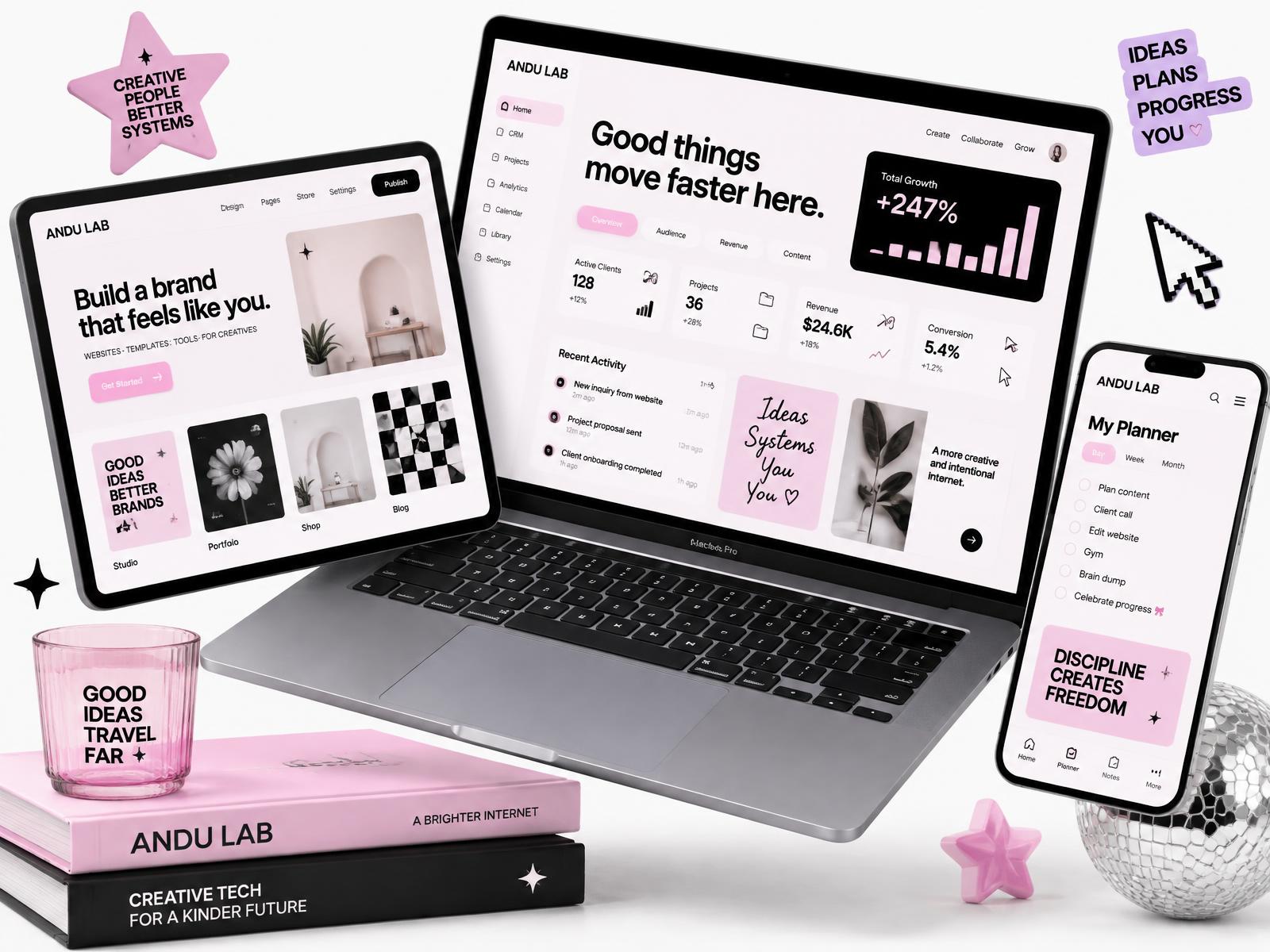 Interfaces de CRM, dashboard, website y planner creadas con IA